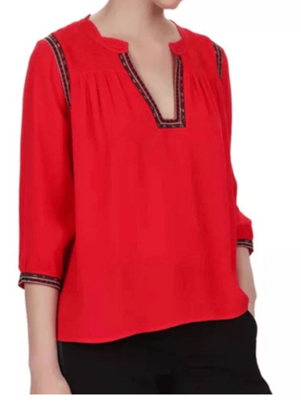 ba&sh Bright Red Embroidered Split-Neck Blouse